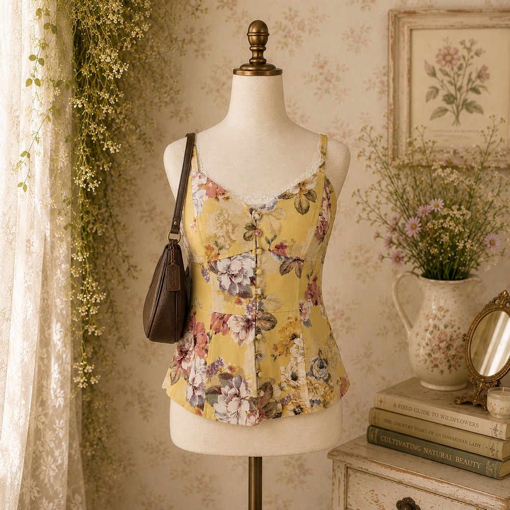 Forever New Floral Corset Bustier Top S Butter Yellow Linen Blend Cottagecore
